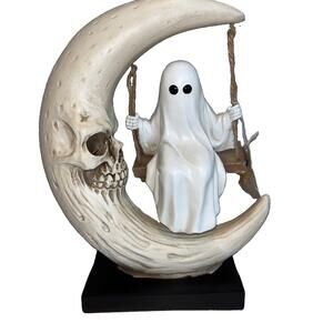Goblin & Ghoul Halloween Spooky Ghost on Swing On Skeleton Crescent Moon Viral